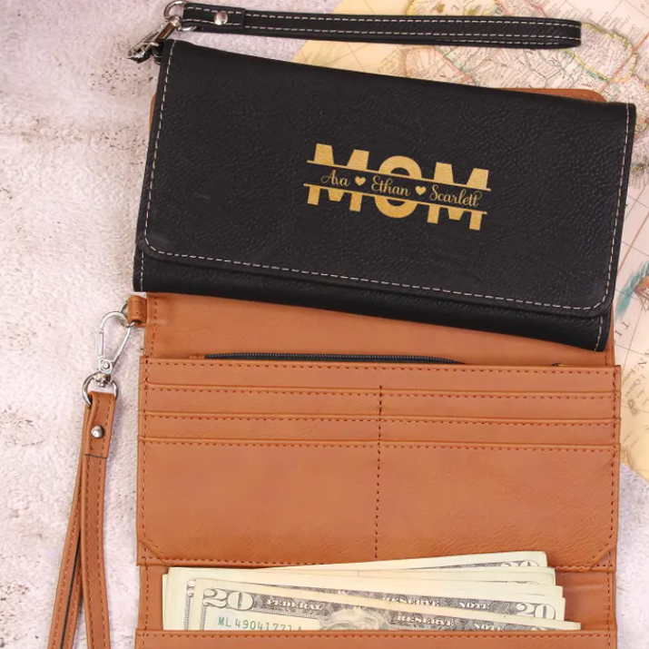 Engraved Leather Mom Kids Name gift, Mothers Day Special Wallet
