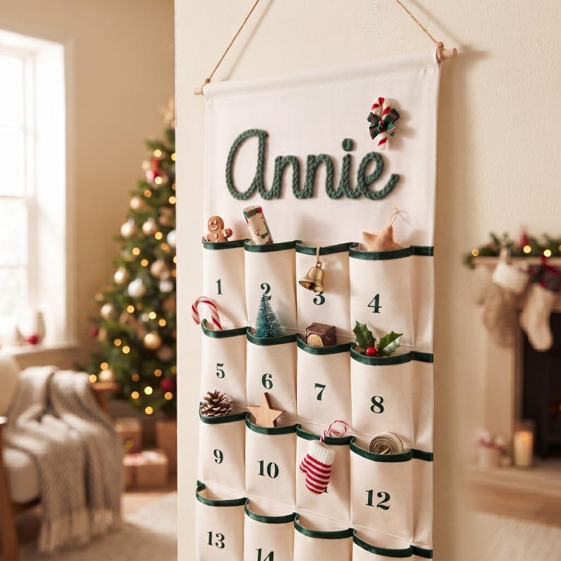 Reusable Christmas Advent Calendar, Personalized Name Canvas Wall Hanging with 24 Large Pockets