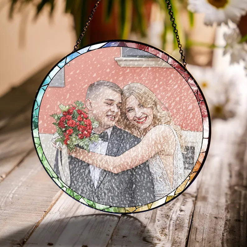 Custom Photo Stained Glass Suncatcher: Couple Portrait Window Decor, Valentine Gift, Anniversary Gift for Husband Wife