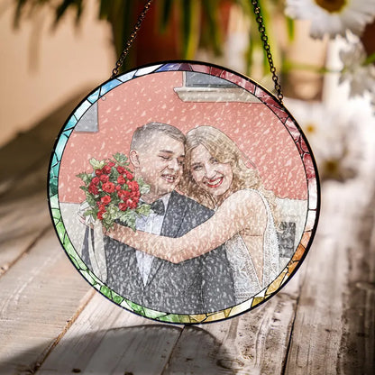 Custom Photo Stained Glass Suncatcher: Couple Portrait Window Decor, Valentine Gift, Anniversary Gift for Husband Wife