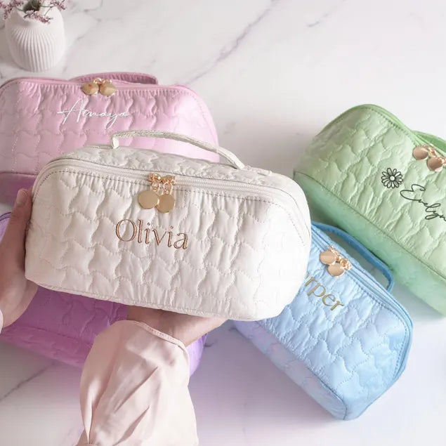 Monogram Embroidered Toiletry Bag, Mothers Day Gift, Large Vegan Leather Makeup Organizer, Personalized Bridesmaid Proposal Gift [T]