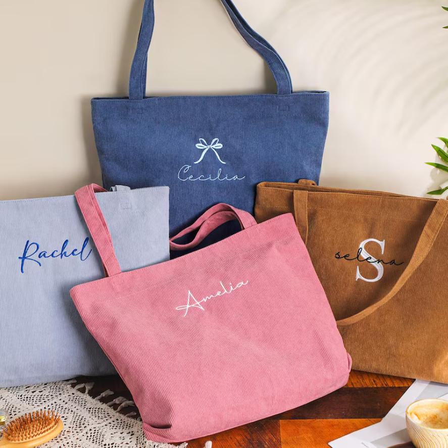 Personalized Embroidered Corduroy Tote,Bridesmaid Gift Bag,Custom Name Tote Bag with Zipper,Monogram Bag, Wedding Party Gifts,Shoulder Bag