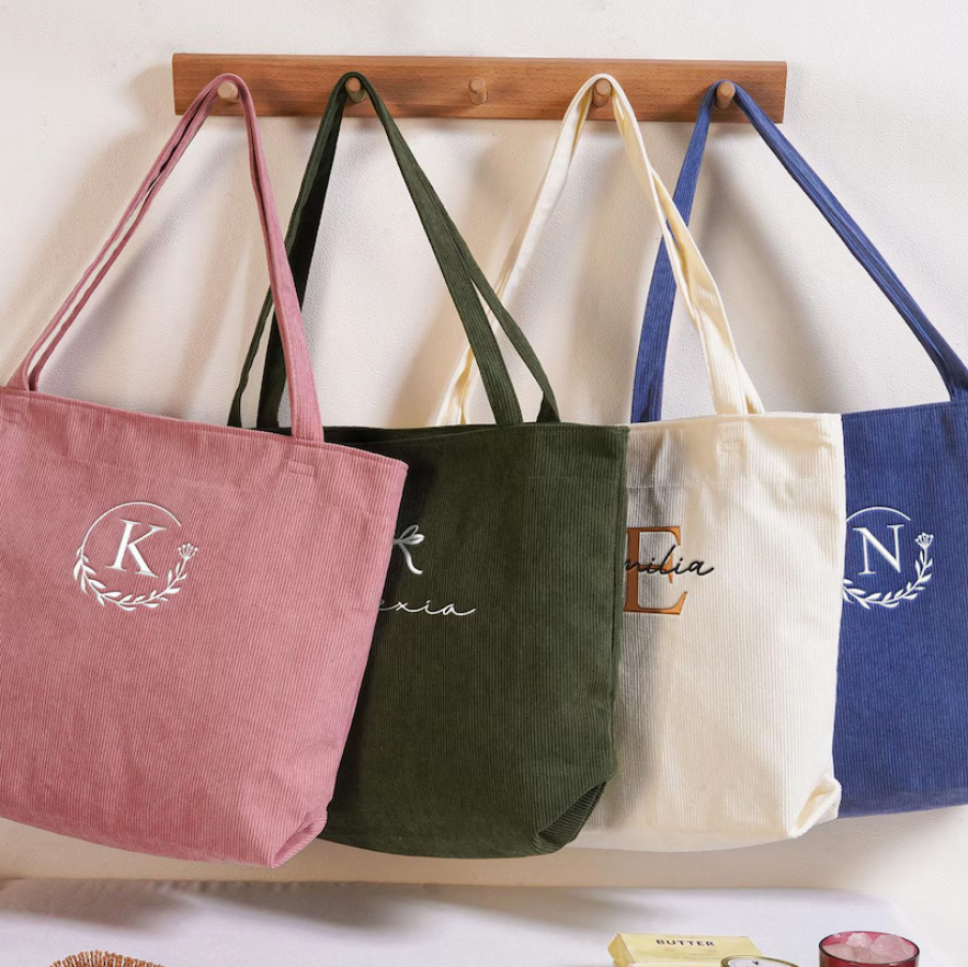 Personalized Embroidered Corduroy Tote,Bridesmaid Gift Bag,Custom Name Tote Bag with Zipper,Monogram Bag, Wedding Party Gifts,Shoulder Bag