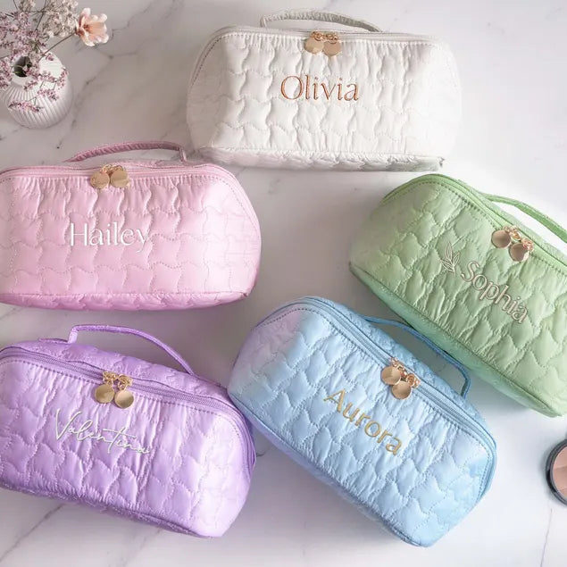 Monogram Embroidered Toiletry Bag, Mothers Day Gift, Large Vegan Leather Makeup Organizer, Personalized Bridesmaid Proposal Gift [T]