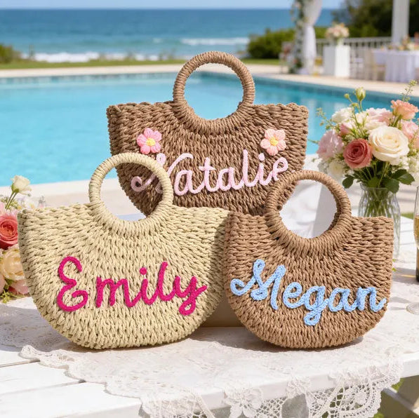 Personalized Straw Bridesmaid Handbag,Custom Beach Bag,Straw Bags,Bachelorette Party Gift Bags,Wedding Party Gifts,Mother Gifts Basket