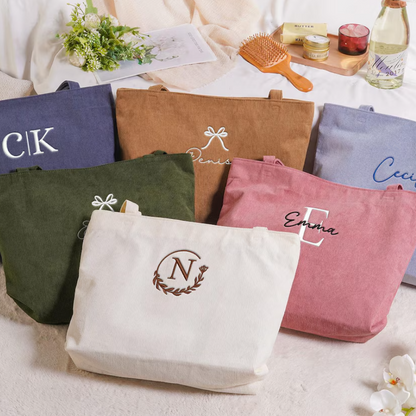Personalized Embroidered Corduroy Tote,Bridesmaid Gift Bag,Custom Name Tote Bag with Zipper,Monogram Bag, Wedding Party Gifts,Shoulder Bag