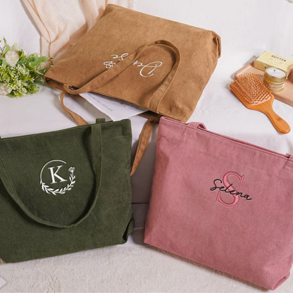 Personalized Embroidered Corduroy Tote,Bridesmaid Gift Bag,Custom Name Tote Bag with Zipper,Monogram Bag, Wedding Party Gifts,Shoulder Bag