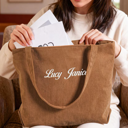 Personalized Embroidered Corduroy Tote,Bridesmaid Gift Bag,Custom Name Tote Bag with Zipper,Monogram Bag, Wedding Party Gifts,Shoulder Bag
