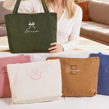 Personalized Embroidered Corduroy Tote,Bridesmaid Gift Bag,Custom Name Tote Bag with Zipper,Monogram Bag, Wedding Party Gifts,Shoulder Bag