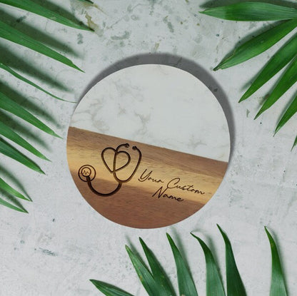 Marble & Acacia Wood Stethoscope Coaster, Medical Office Decor, Heart Design, Doctor Gift, Nurse Accessory