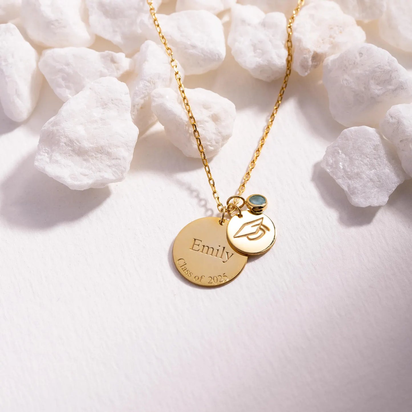 Graduation Necklace with 2 Discs & Birthstone – Personalized Name and Date Gift for Graduate