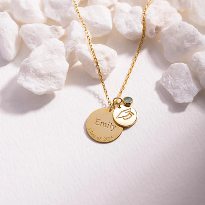 Graduation Necklace with 2 Discs & Birthstone – Personalized Name and Date Gift for Graduate
