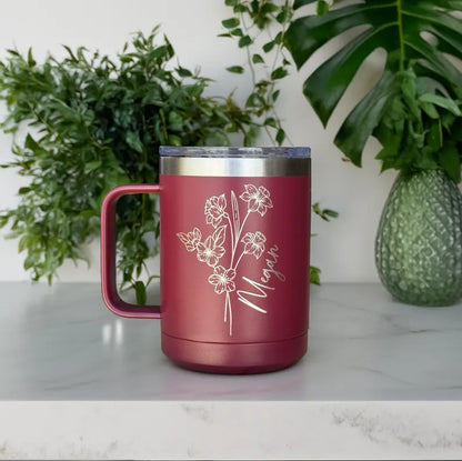 Personalized Birth Flower Insulated Coffee Tumbler with Handle for Sister, Best Friend, Bridesmaid, Personalized Coffee Mug, Travel Mug