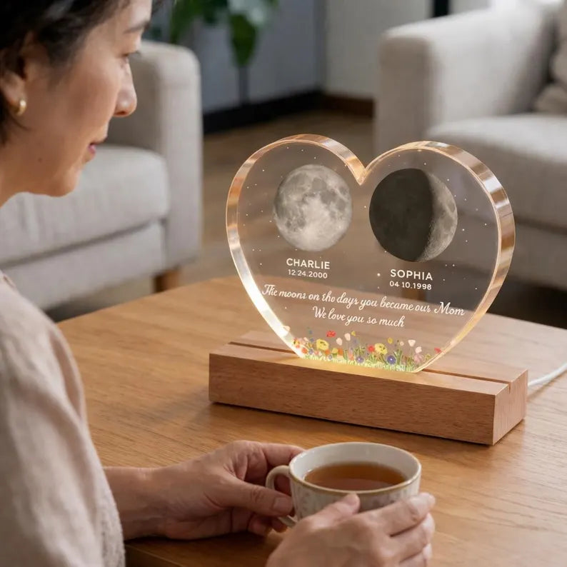 The Days You Became Our Mom, Custom Moon Phase by Date - Personalized Acrylic LED Night Light - Heartfelt Mother's Day Gift for Mom