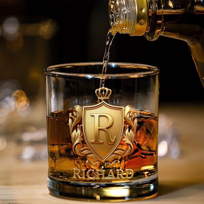 Personalized Golden 3D Badge Initial Name 10 oz Rock Whiskey Glass Old Fashioned Birthday Gift for Man Bartender Whiskey Enthusiast