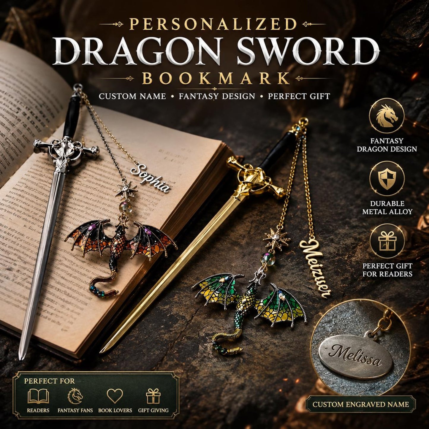 Personalized Name Fantasy Dragon Sword Bookmark | Fourth Wing Gothic Bookmark | Bookish Metal Charm | Birthday Graduation Gift for Readers