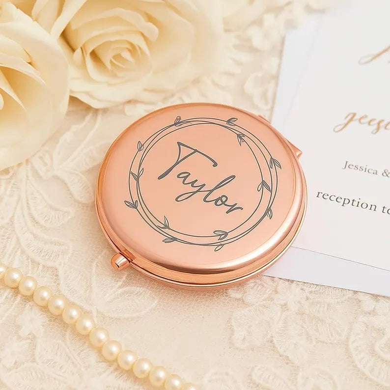 Custom Engraved Compact Travel Makeup Mirror ¨C Personalized Pocket Mirror with Name or Birth Flower Bridesmaid Proposal - Wedding Party Gift