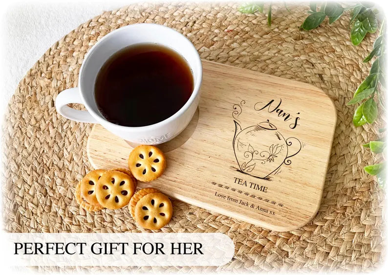 Personalised Engraved Wooden Tea Tray Biscuit Board Drink Coffee Cake Snack Serving Board Mothers Day Gift Birthday Grandad Dad Nan Mum Him