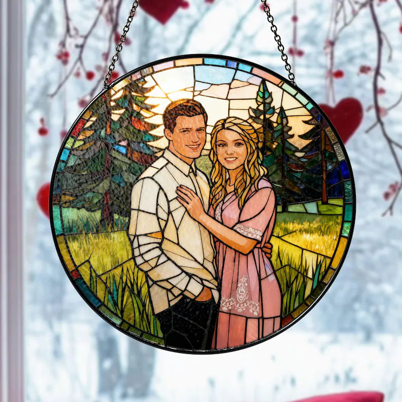 Custom Photo Couple Glass Suncatcher, Personalized Family Portrait Suncatcher Gift