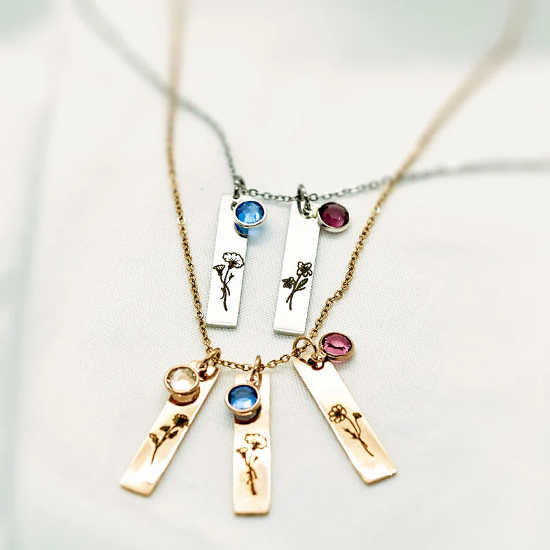 Unique Birth Flower and Birthstone Necklace ¨C Personalized Birthday Gift for Mom, Floral and Stone Jewelry, Mothers Day Gift for Her