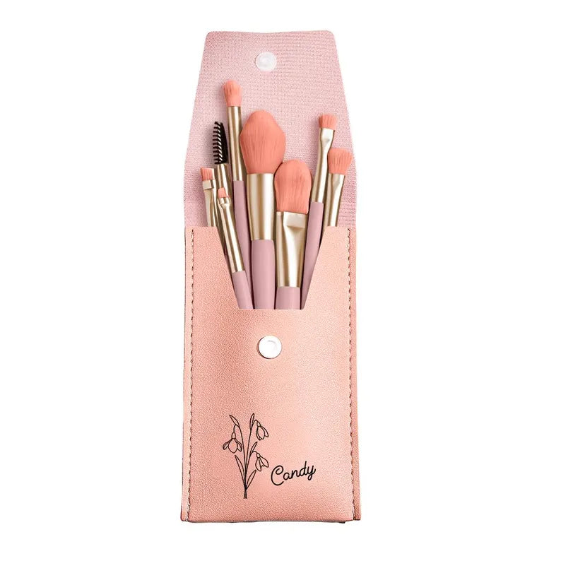 Personalized Birth Flower Makeup Brush Set, PU Leather Bag & 8 Brushes