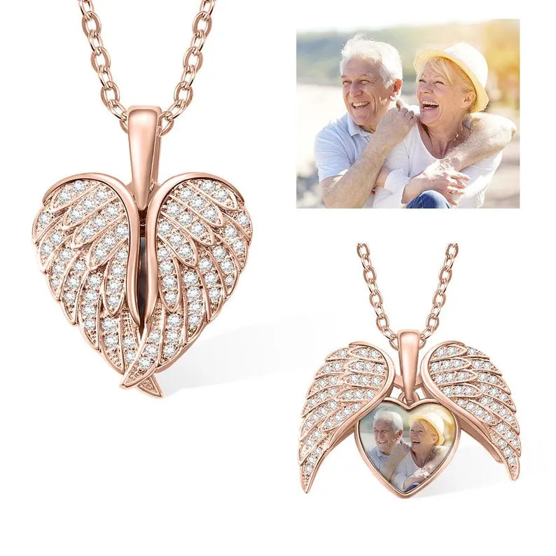 Personalized Sterling Silver Angel Wing Photo Locket Necklace-My Guardian Angel Always Close to My Heart Mother'sDay Gift