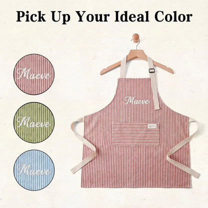 Personalized Apron for women, Custom Striped Apron With Pockets, Embroidered Adult Baking Apron with Adjustable Straps, Gift for Her