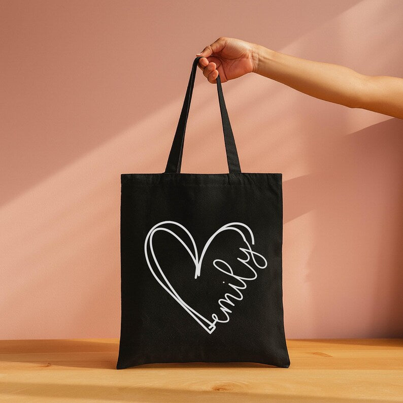 Custom Love Heart Tote Bag with Name: Valentine's Day, Christmas, Bachelorette Gifts for Women