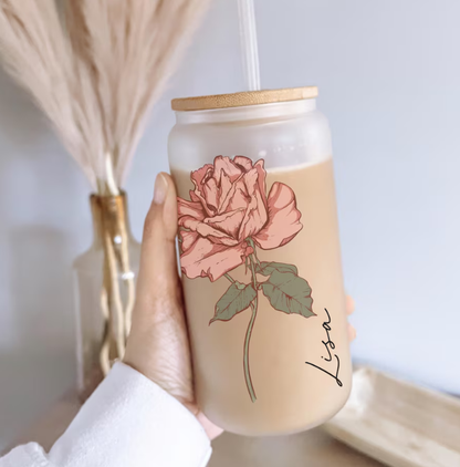 Personalized Birth Flower Tumbler, Gifts for Her, Bridesmaid Proposal Gift, Mother's Day Gift, Birthday Present, Custom Glass Coffee Cup