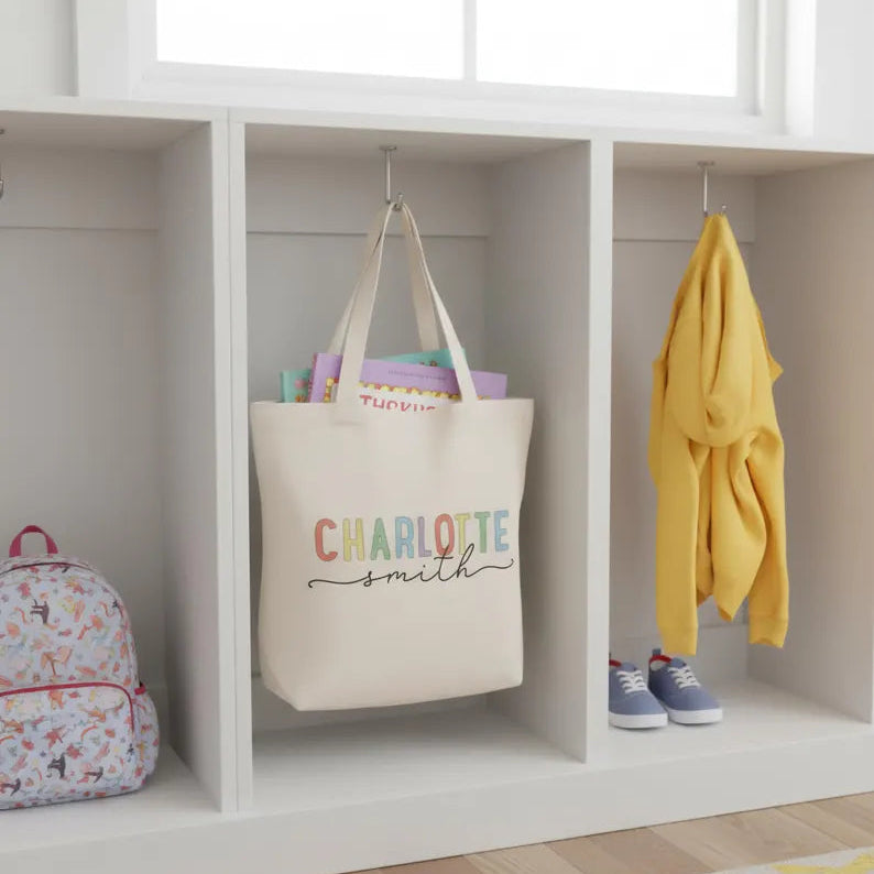 Personalized Canvas Tote Bag with Name, Toy Storage & Book Bag, Nursery Organizer, Toddler Gift, Easter Gifts