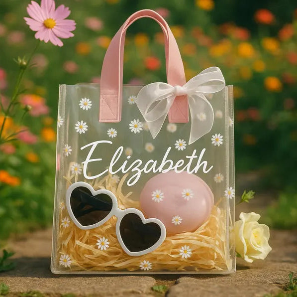 Personalized Clear Daisy Tote | Flower Girl Gift Bag | Bridesmaid Gift | Custom Name Bag Wedding Party Gift Bridal Shower Baby Shower Easter