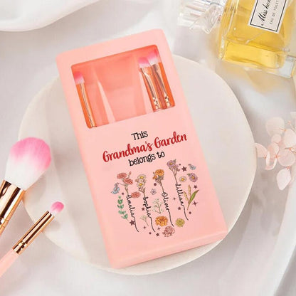 Personalized 1-12 Birth Flower Names Makeup Brush Box Set with 5 Pcs Brushes and Mirror Travel Accessories Mother's Day Gift for Mom Grandma
