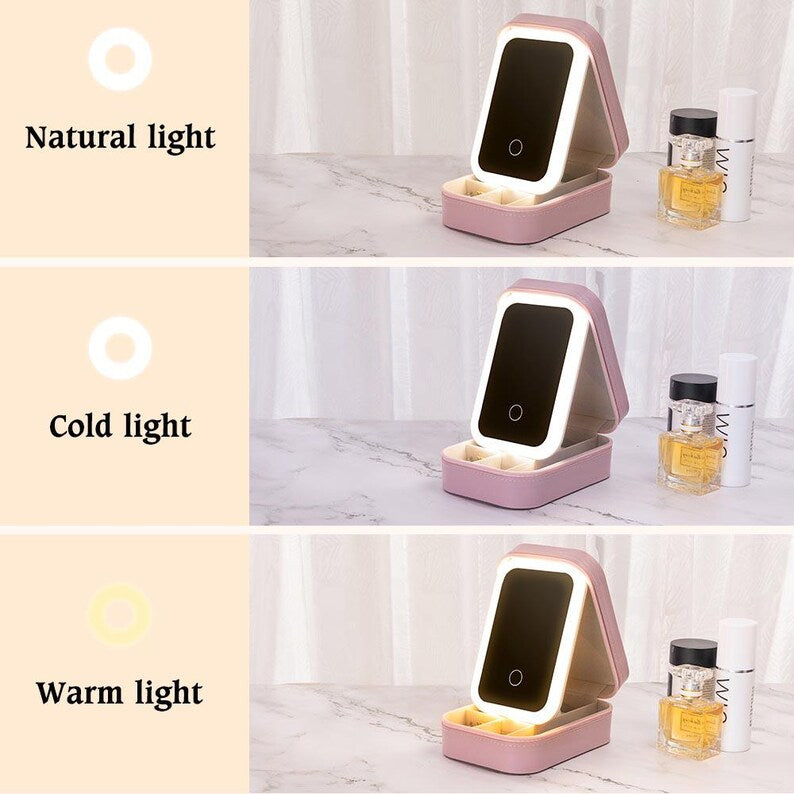 Personalized Birth Flower Travel Jewelry Box ¨C Custom Name Leather Organizer with LED Adjustable Makeup Mirror,Birthday Mother's Day Gift