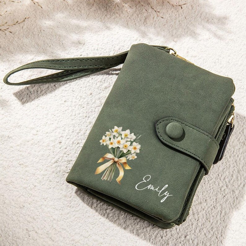 Personalized Birth Flower Wristlet Wallet¡ªCustom Name Tri-Fold Wallet with Card Holder Birthday Gift, Mother's Day, Bridesmaid Gift