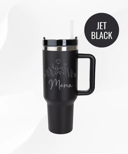 Engraved Mama Tumbler: Floral Design - Stainless Steel with Straw