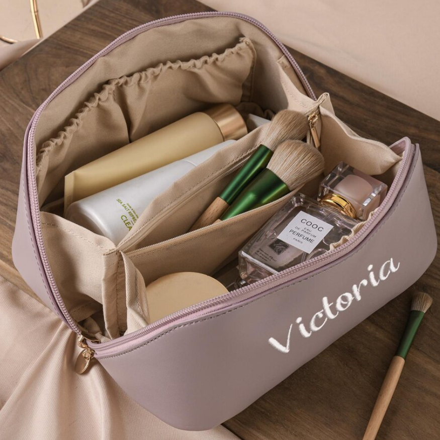 Personalized Leather Embroidered Makeup Bag, Custom Large Capacity Cosmetic Bag, Gift for Women, Gifts for Her, Gift for Mom