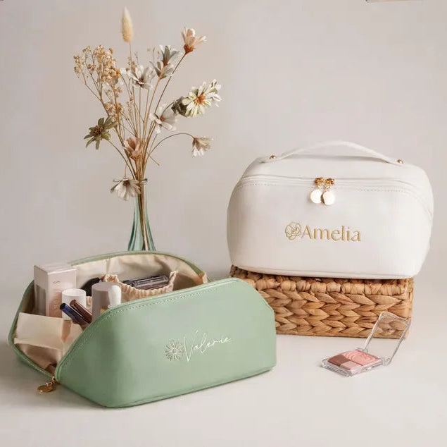 Monogram Embroidered Toiletry Bag, Mothers Day Gift, Large Vegan Leather Makeup Organizer, Personalized Bridesmaid Proposal Gift [T]