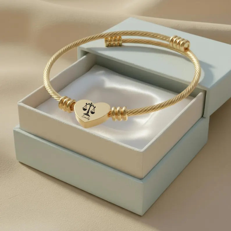 Elegant And Chic Heart Cuff Bracelet (Engraving), Scales of Justice, Personalized Gift, Custom Lawyer Bracelet, Gift for Law School Graduate