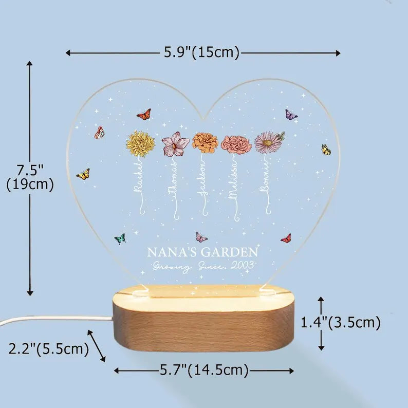 A Growing Love from Grandma's Garden - Personalized Birth Flowers LED Night Light Custom Name Mother's Day Gift Heart-shaped Night Light