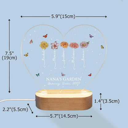 A Growing Love from Grandma's Garden - Personalized Birth Flowers LED Night Light Custom Name Mother's Day Gift Heart-shaped Night Light