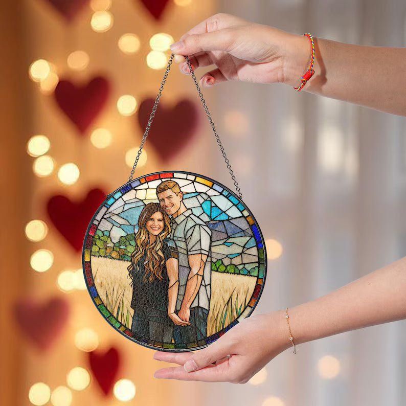 Custom Photo Couple Glass Suncatcher, Personalized Family Portrait Suncatcher Gift