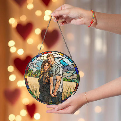 Custom Photo Couple Glass Suncatcher, Personalized Family Portrait Suncatcher Gift