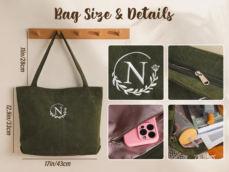 Personalized Embroidered Corduroy Tote,Bridesmaid Gift Bag,Custom Name Tote Bag with Zipper,Monogram Bag, Wedding Party Gifts,Shoulder Bag