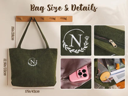 Personalized Embroidered Corduroy Tote,Bridesmaid Gift Bag,Custom Name Tote Bag with Zipper,Monogram Bag, Wedding Party Gifts,Shoulder Bag