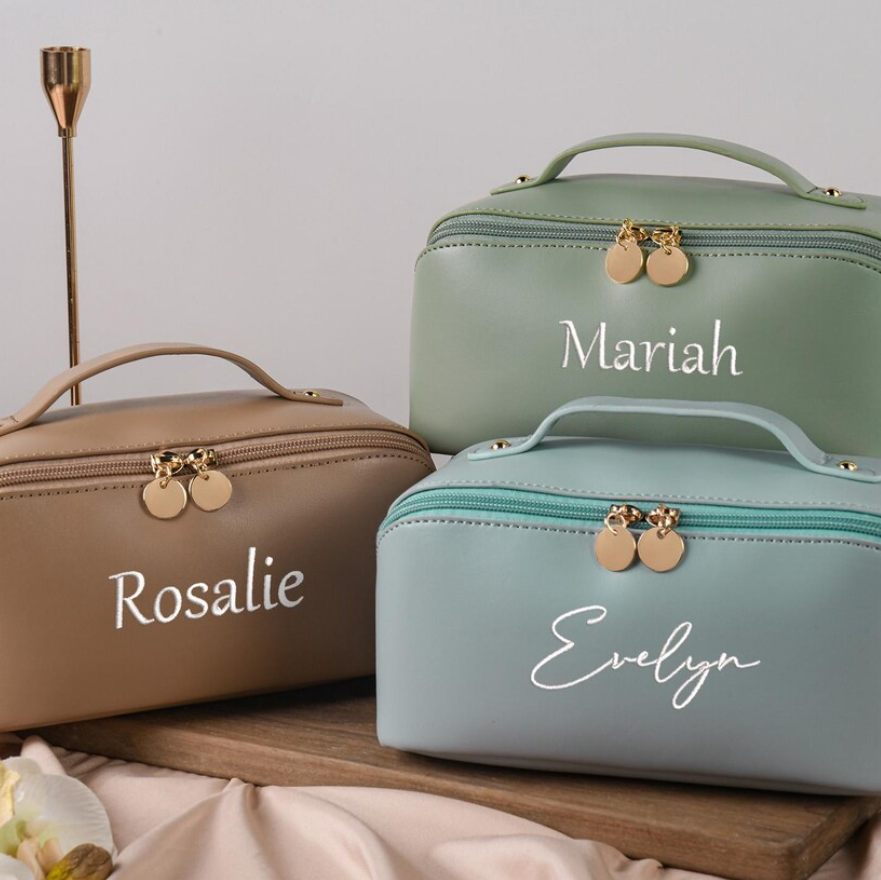 Personalized Leather Embroidered Makeup Bag, Custom Large Capacity Cosmetic Bag, Gift for Women, Gifts for Her, Gift for Mom