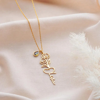 Custom Birth Month Flower Necklace Gold Personalized Silver Birth Flower Name Pendant Necklace November Birth Flower Necklace,Flower Jewelry