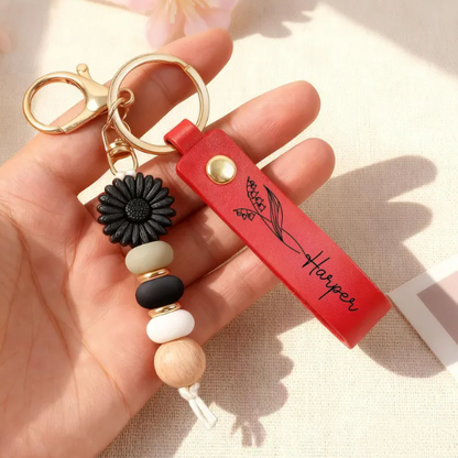 Personalized PU Leather Keychain Daisy Bead Pendant¨C Custom Name, Birthday Flower Keychain, Perfect Bag Charm, Mother's Day Anniversary Gift