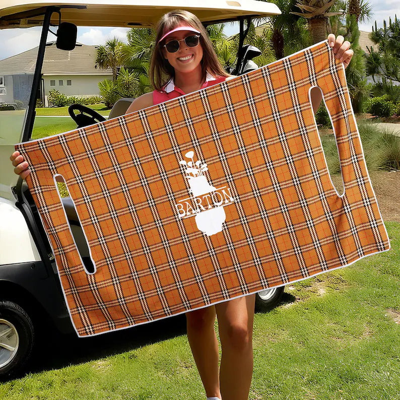 Personalized Golf Club Wreath Plaid Golf Cart Seat Cover with Name and Initial Golf Course Accessories Birthday Gift for Golfers