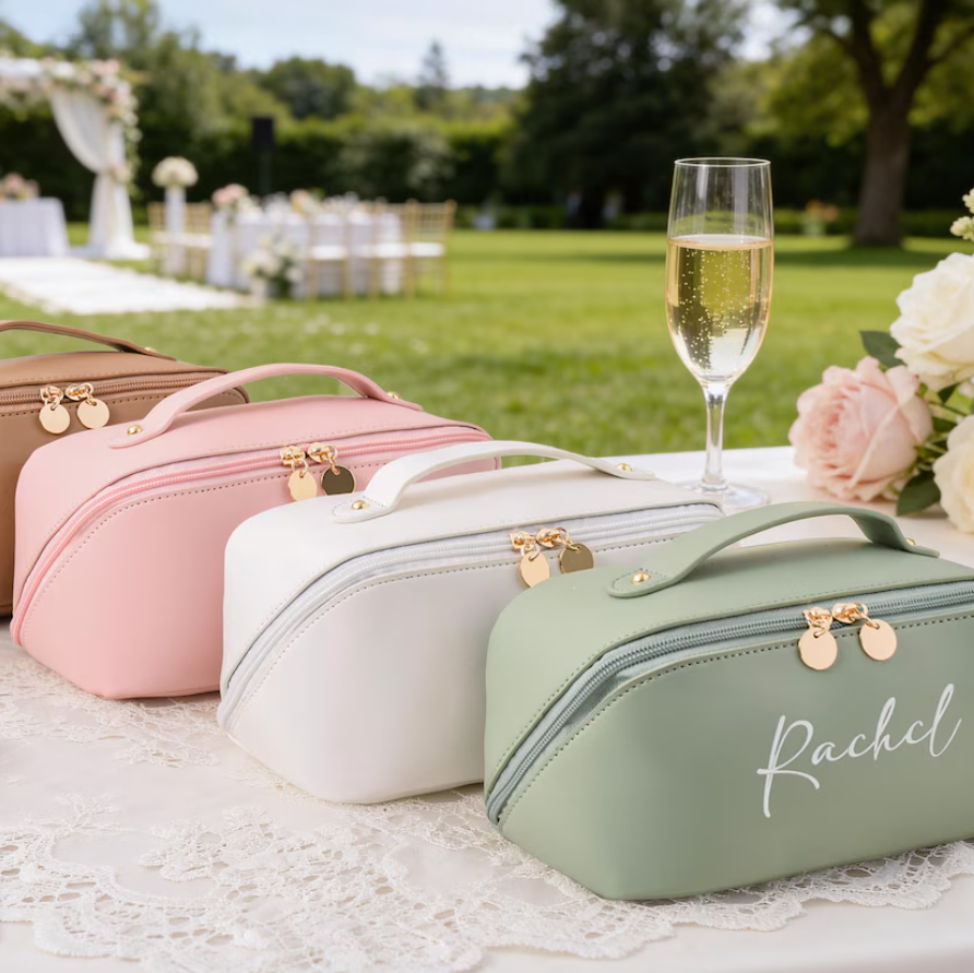 Leather Embroidered Makeup Bag,Personalized Bridesmaid Gifts,Wedding Makeup Bag,Bridal Shower Gift,Cosmetic Bag with Name,Gift for Women