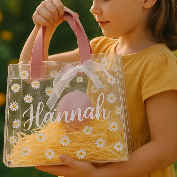 Personalized Clear Daisy Tote | Flower Girl Gift Bag | Bridesmaid Gift | Custom Name Bag Wedding Party Gift Bridal Shower Baby Shower Easter